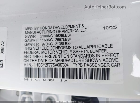 1HGCY2F77SA087304 2025 HONDA ACCORD White Շարժիչի բաժամունքի տեսք