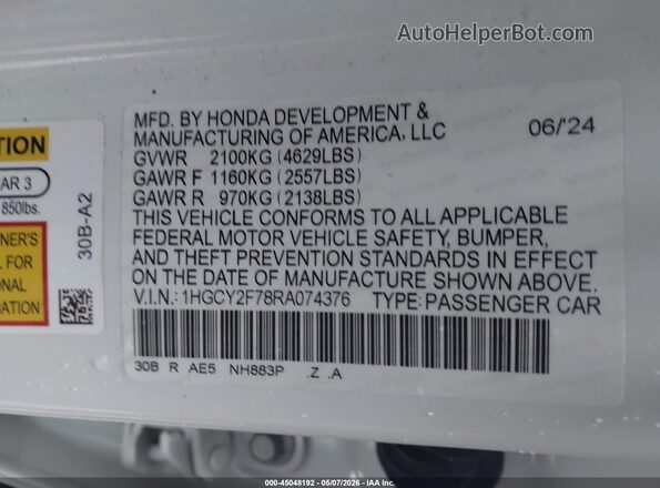 1HGCY2F78RA074376 2024 HONDA ACCORD White Շարժիչի բաժամունքի տեսք