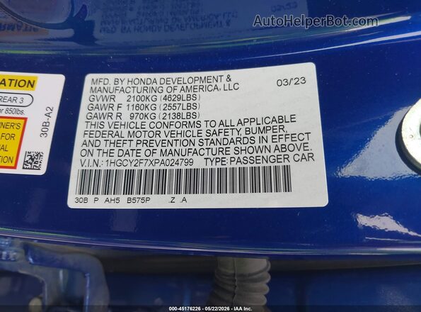 1HGCY2F7XPA024799 2023 HONDA ACCORD Синий Вид подкапотного пространства
