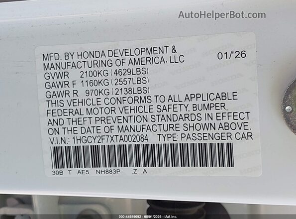 1HGCY2F7XTA002084 2026 HONDA ACCORD White Engine compartment view