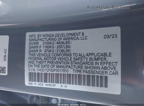 1HGCY2F82PA017810 2023 HONDA ACCORD Gray Widok komory silnika