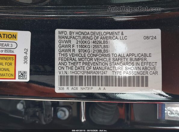 1HGCY2F84RA091247 2024 HONDA ACCORD Black Vista del compartimento del motor