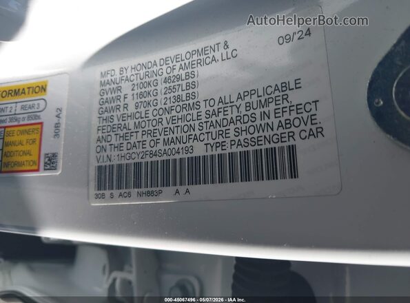 1HGCY2F84SA004193 2025 HONDA ACCORD White Շարժիչի բաժամունքի տեսք