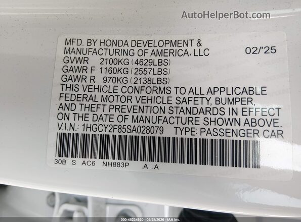 1HGCY2F85SA028079 2025 HONDA ACCORD HYBRID White ძრავის განყოფილების ხედი