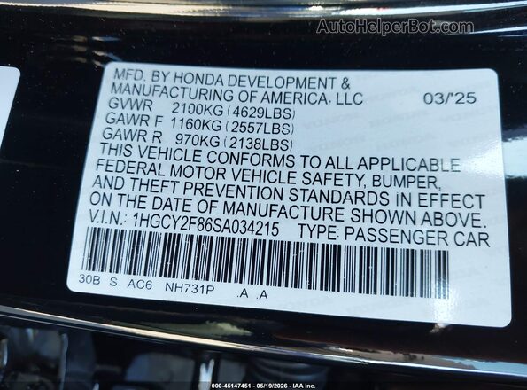 1HGCY2F86SA034215 2025 HONDA ACCORD Черный Вид подкапотного пространства