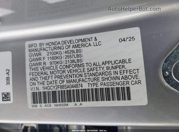 1HGCY2F88SA044874 2025 HONDA ACCORD HYBRID Silver Widok komory silnika