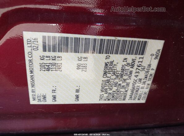 1N4AA6AP0GC437611 2016 NISSAN MAXIMA Red 