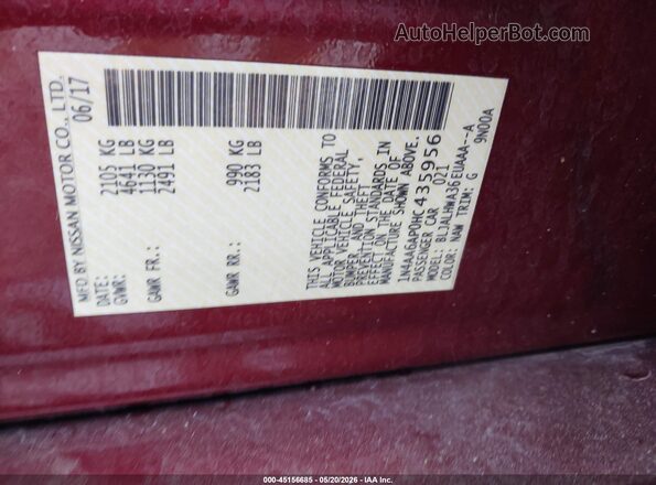 1N4AA6AP0HC435956 2017 NISSAN MAXIMA Red Շարժիչի բաժամունքի տեսք