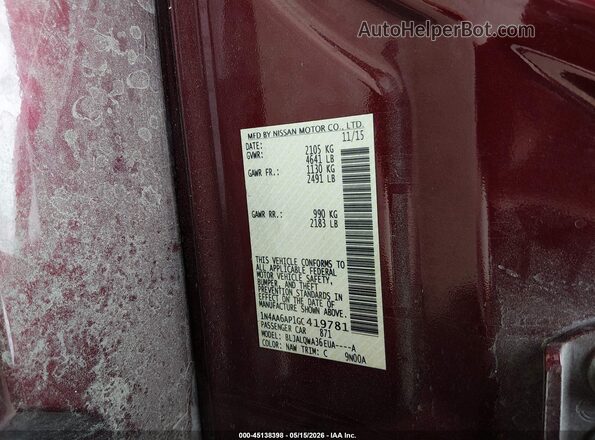 1N4AA6AP1GC419781 2016 NISSAN MAXIMA Красный Вид подкапотного пространства