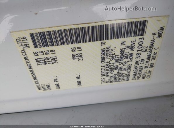 1N4AA6AP1HC381003 2017 NISSAN MAXIMA White Vista del compartimento del motor