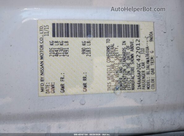 1N4AA6AP2GC422012 2016 NISSAN MAXIMA Белый Вид подкапотного пространства