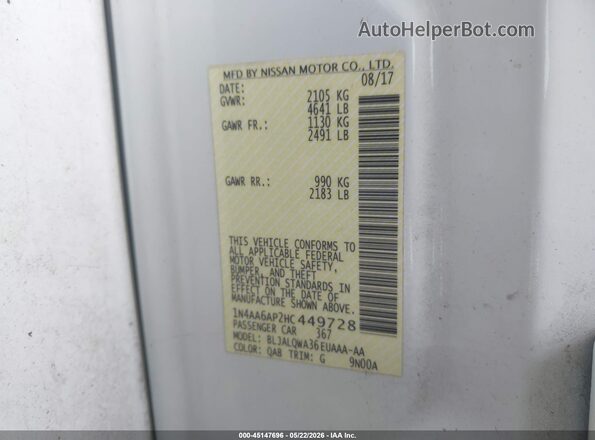 1N4AA6AP2HC449728 2017 NISSAN MAXIMA White Engine compartment view