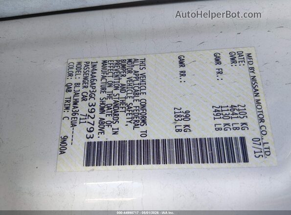 1N4AA6AP3GC392793 2016 NISSAN MAXIMA White Widok komory silnika