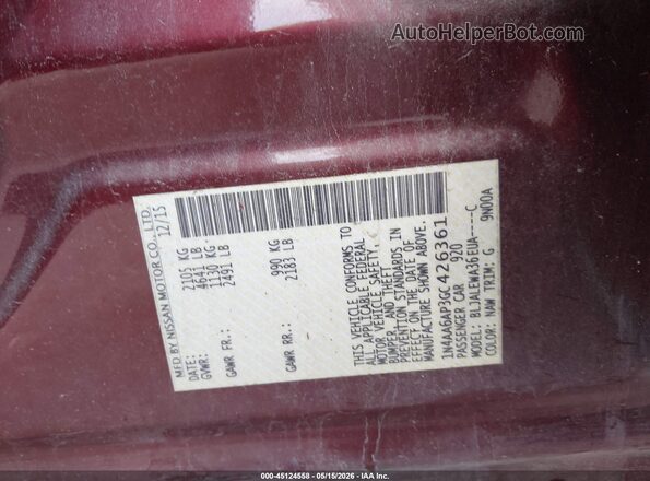 1N4AA6AP3GC426361 2016 NISSAN MAXIMA Maroon Вид підкапотного простору