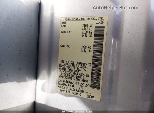1N4AA6AP3GC433939 2016 NISSAN MAXIMA Silver 