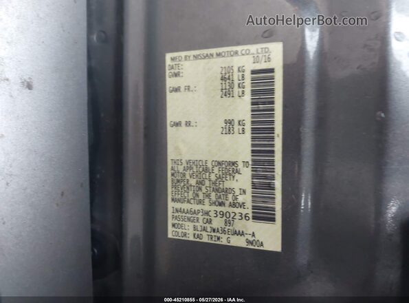 1N4AA6AP3HC390236 2017 NISSAN MAXIMA Gray Widok komory silnika