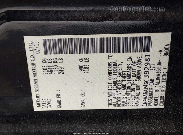 1N4AA6AP4GC392981 2016 NISSAN MAXIMA Черный Вид подкапотного пространства