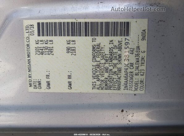 1N4AA6AP4JC381597 2018 NISSAN MAXIMA Gray Engine compartment view