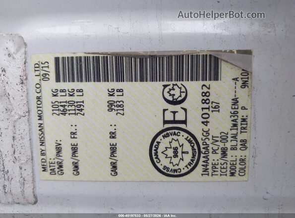 1N4AA6AP5GC401882 2016 NISSAN MAXIMA White Вид підкапотного простору
