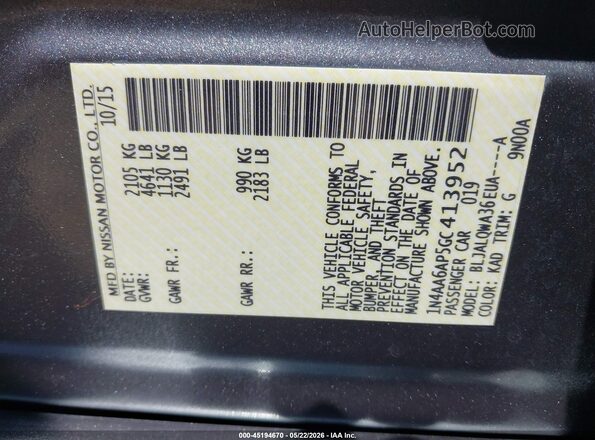 1N4AA6AP5GC413952 2016 NISSAN MAXIMA Gray Engine compartment view