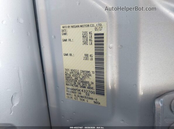 1N4AA6AP5HC432700 2017 NISSAN MAXIMA Silver Շարժիչի բաժամունքի տեսք