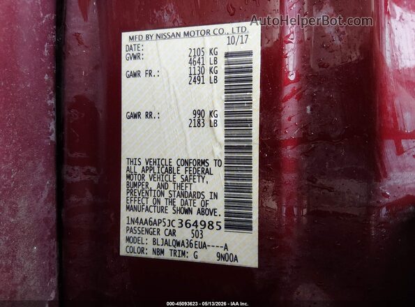 1N4AA6AP5JC364985 2018 NISSAN MAXIMA Maroon Engine compartment view