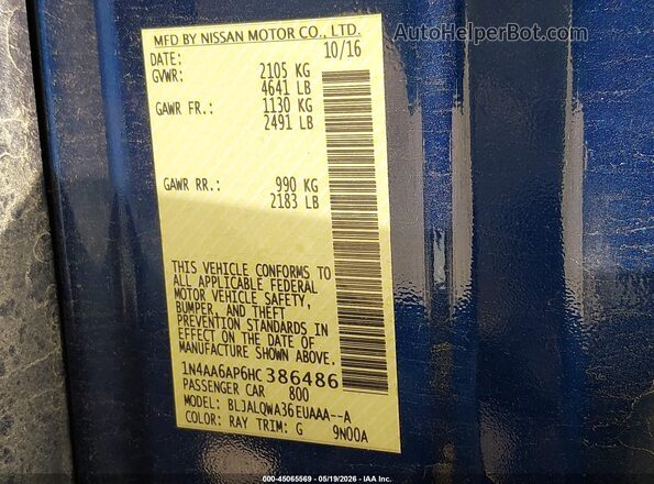 1N4AA6AP6HC386486 2017 NISSAN MAXIMA Blue 