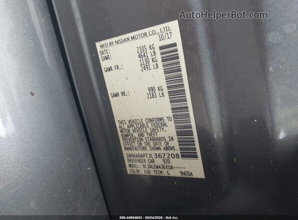 1N4AA6AP7JC367208 2018 NISSAN MAXIMA Gray Widok komory silnika