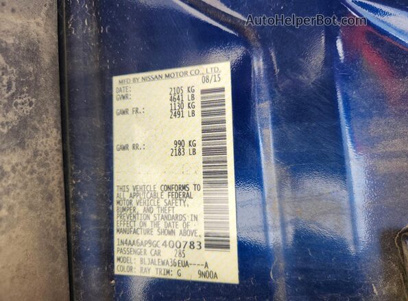 1N4AA6AP9GC400783 2016 NISSAN MAXIMA Blue VIN կոդի պիտակի տեսք