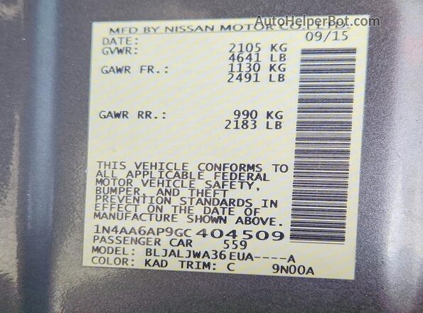 1N4AA6AP9GC404509 2016 NISSAN MAXIMA Gray Engine compartment view