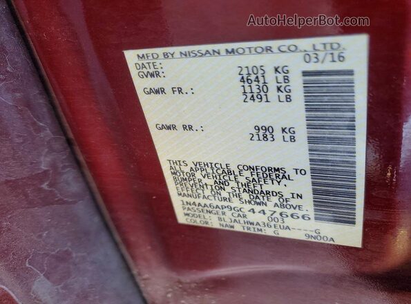 1N4AA6AP9GC447666 2016 NISSAN MAXIMA Maroon Շարժիչի բաժամունքի տեսք