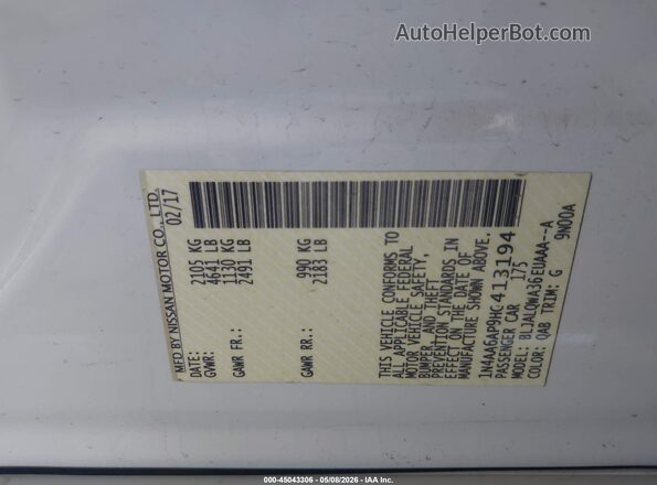 1N4AA6AP9HC413194 2017 NISSAN MAXIMA White Вид підкапотного простору