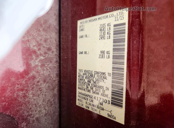 1N4AA6APXGC417303 2016 NISSAN MAXIMA Burgundy 