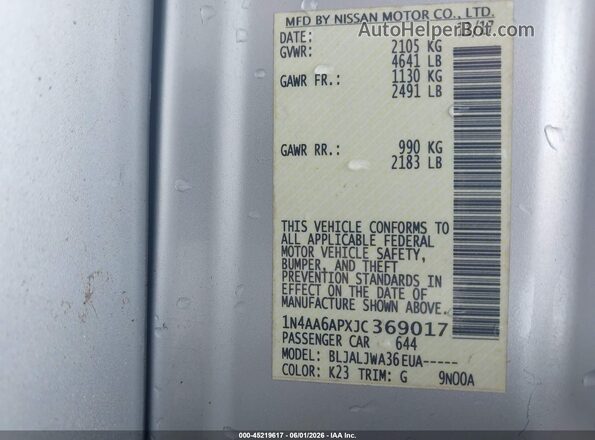 1N4AA6APXJC369017 2018 NISSAN MAXIMA Silver 
