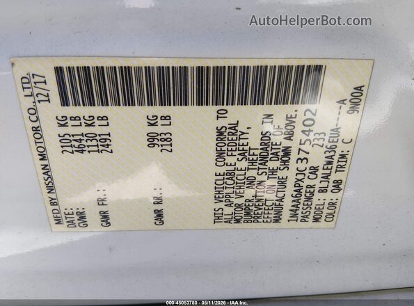 1N4AA6APXJC375402 2018 NISSAN MAXIMA White Engine compartment view