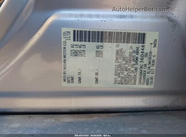 1N4AA6AV3KC360448 2019 NISSAN MAXIMA Silver ძრავის განყოფილების ხედი