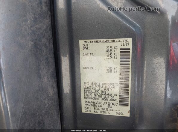 1N4AA6AV3KC370087 2019 NISSAN MAXIMA Gray ძრავის განყოფილების ხედი