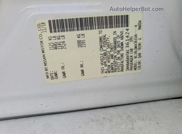 1N4AA6AV5KC361424 2019 NISSAN MAXIMA White Vista de la etiqueta del VIN