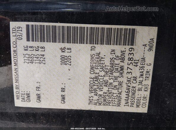 1N4AA6AV5KC375839 2019 NISSAN MAXIMA Black Widok komory silnika