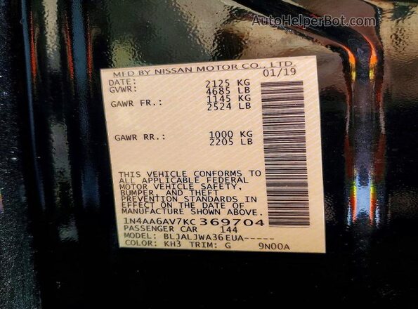 1N4AA6AV7KC369704 2019 NISSAN MAXIMA Black Widok naklejki z numerem VIN