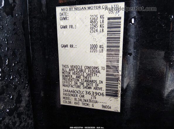 1N4AA6CV2LC363906 2020 NISSAN MAXIMA Черный Вид подкапотного пространства