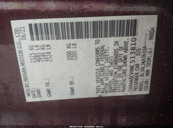 1N4AA6CV4MC513810 2021 NISSAN MAXIMA Maroon Շարժիչի բաժամունքի տեսք
