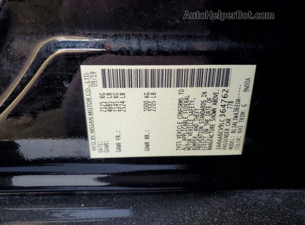 1N4AA6CV9LC364762 2020 NISSAN MAXIMA Black Вид наклейки з VIN-кодом