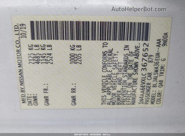 1N4AA6EVXLC367652 2020 NISSAN MAXIMA White Engine compartment view