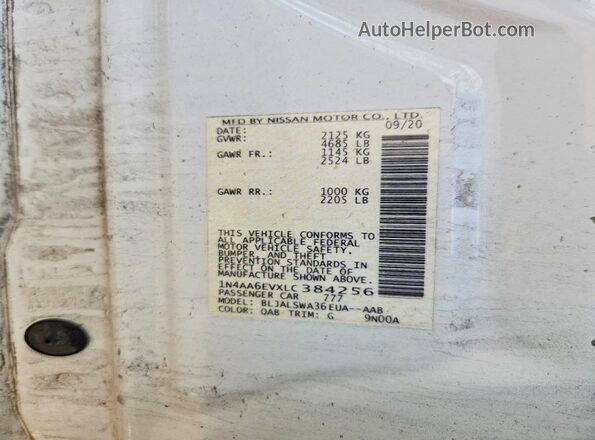 1N4AA6EVXLC384256 2020 NISSAN MAXIMA SR White Вид підкапотного простору
