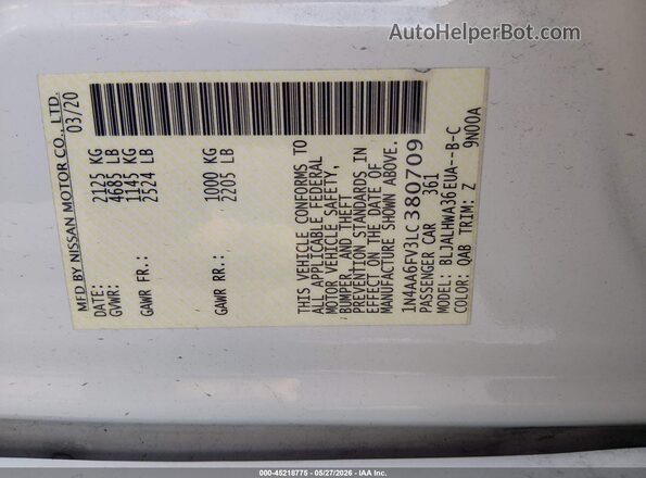 1N4AA6FV3LC380709 2020 NISSAN MAXIMA White Շարժիչի բաժամունքի տեսք