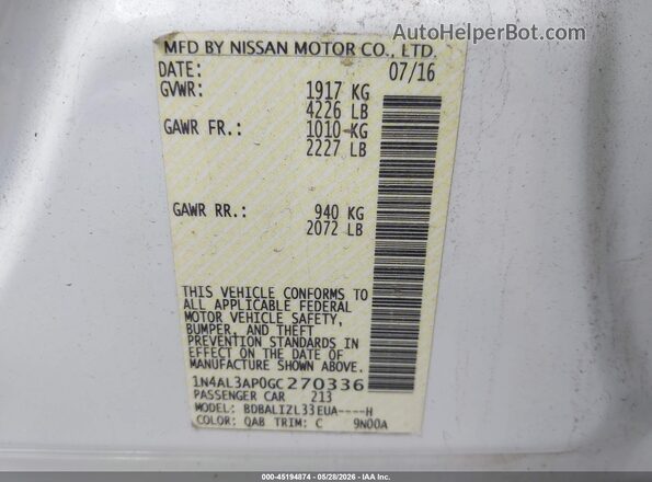 1N4AL3AP0GC270336 2016 NISSAN ALTIMA White ძრავის განყოფილების ხედი