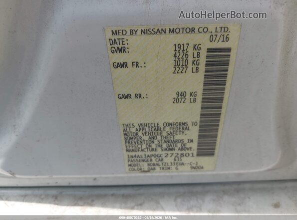 1N4AL3AP0GC272801 2016 NISSAN ALTIMA Белый Вид подкапотного пространства
