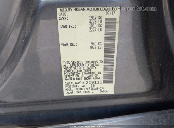 1N4AL3AP0HC229111 2017 NISSAN ALTIMA Gray Շարժիչի բաժամունքի տեսք
