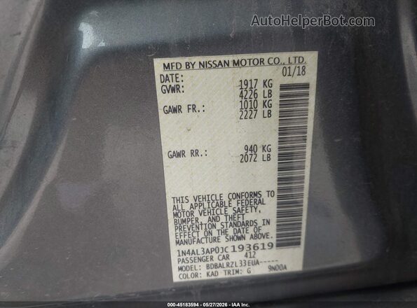 1N4AL3AP0JC193619 2018 NISSAN ALTIMA Gray Вид підкапотного простору